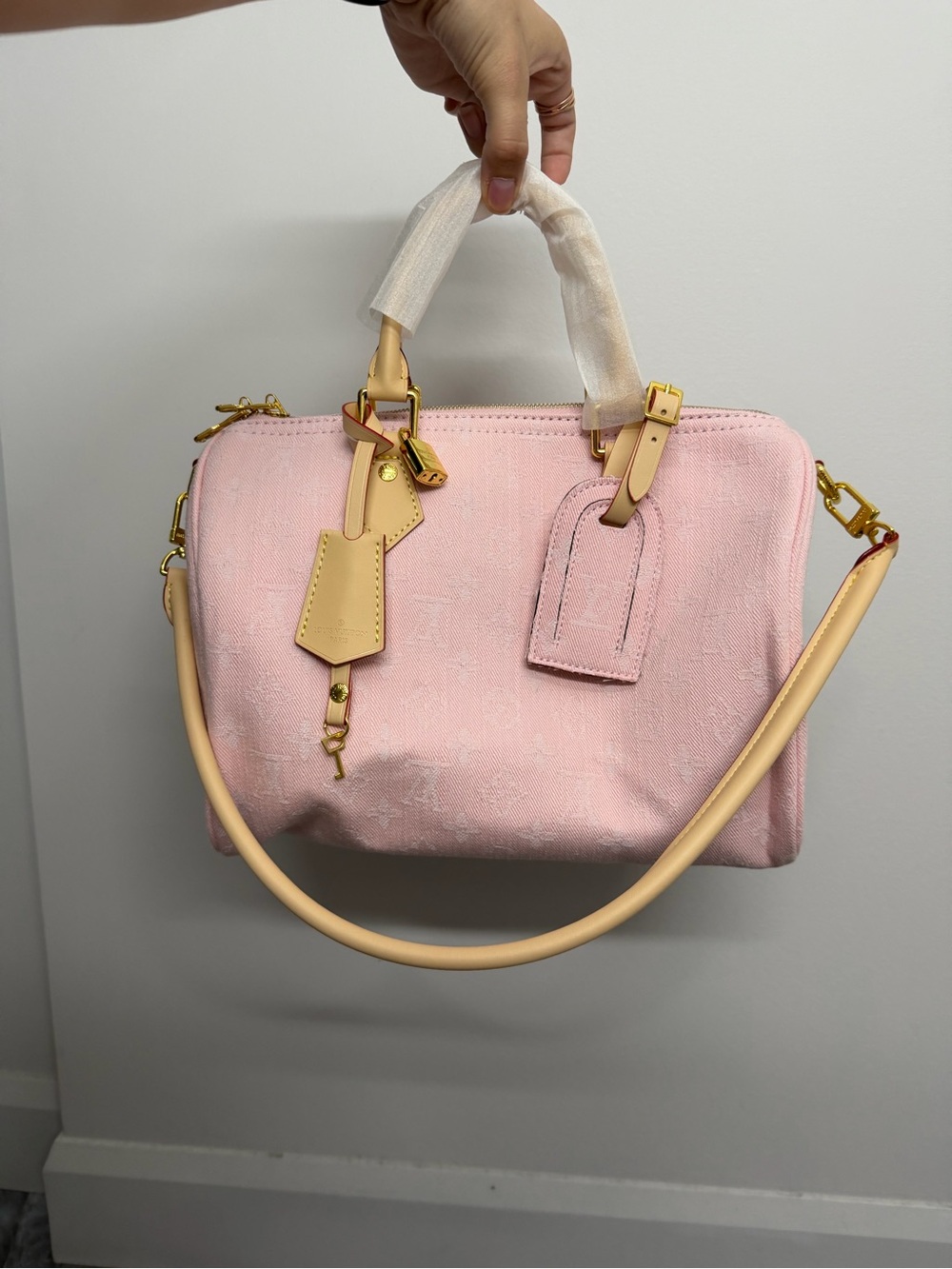 Women's Pink luxe L-V Satchel Handbag with Beige Trim
